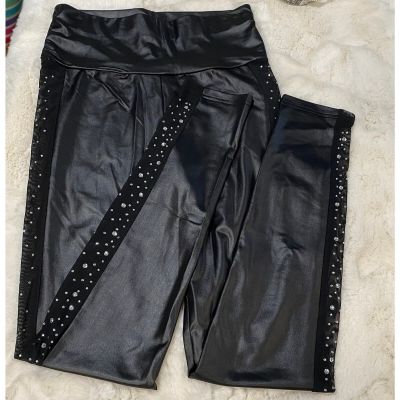 Black Shimmer Leggings Sheer Side Panels with Rhinestone Women’s Sz S